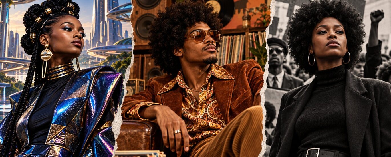 Three culture aesthetics: Afrofuturism in iridescent blue and gold before a futuristic city, 1970s retro soul in corduroy and paisley among vinyl records, and movement-era style in black against a protest photograph