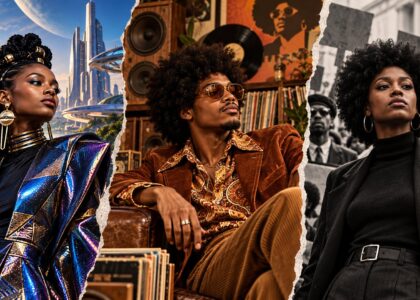 Three culture aesthetics: Afrofuturism in iridescent blue and gold before a futuristic city, 1970s retro soul in corduroy and paisley among vinyl records, and movement-era style in black against a protest photograph