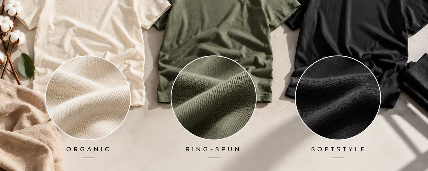 Organic, ring-spun and softstyle cotton T-shirts in cream, olive and black laid flat, with close-up circles showing each fabric texture
