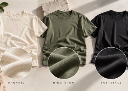 Organic, ring-spun and softstyle cotton T-shirts in cream, olive and black laid flat, with close-up circles showing each fabric texture