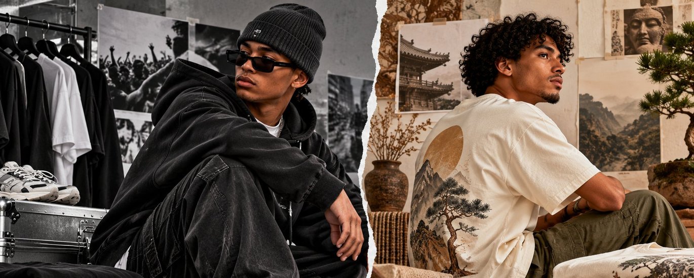 Side-by-side comparison: a streetwear look in a black hoodie, baggy denim and runners next to a culture apparel look in a cream graphic tee with an ink-painted pine tree and gold sun