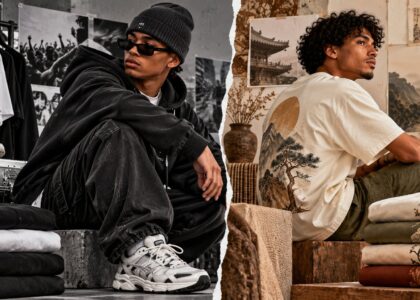 Side-by-side comparison: a streetwear look in a black hoodie, baggy denim and runners next to a culture apparel look in a cream graphic tee with an ink-painted pine tree and gold sun