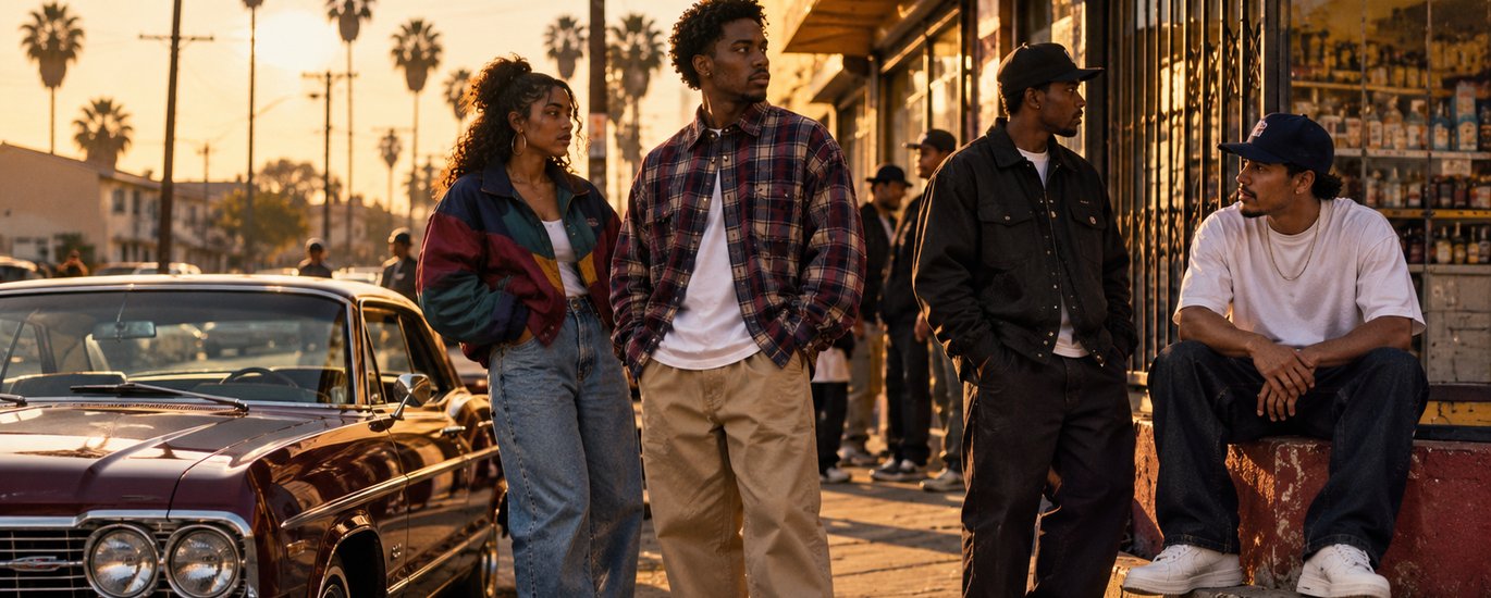 The Drop: A Snowfall Saga style inspiration: young Black and Latino friends in early '90s Los Angeles streetwear, including a color-block windbreaker, plaid flannel, khakis, baggy denim, white sneakers and Chucks, beside a burgundy lowrider outside a corner store at golden hour