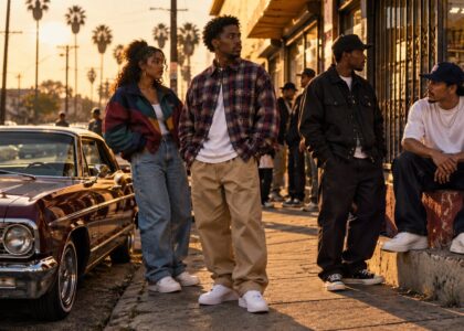 The Drop: A Snowfall Saga style inspiration: young Black and Latino friends in early '90s Los Angeles streetwear, including a color-block windbreaker, plaid flannel, khakis, baggy denim, white sneakers and Chucks, beside a burgundy lowrider outside a corner store at golden hour