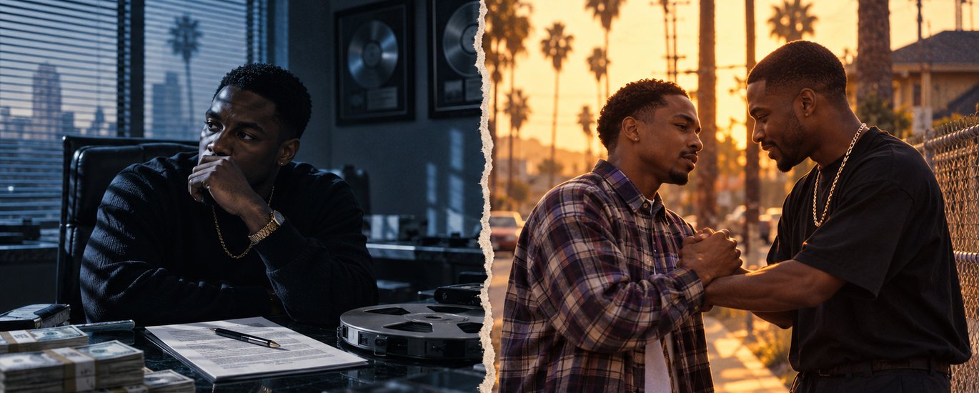 The Drop: A Snowfall Saga theme image: a man alone with cash, a contract and a master tape in a cold record-label office, beside two men sharing a brotherly handshake on a South Central Los Angeles street at golden hour