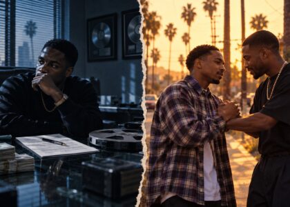 The Drop: A Snowfall Saga theme image: a man alone with cash, a contract and a master tape in a cold record-label office, beside two men sharing a brotherly handshake on a South Central Los Angeles street at golden hour